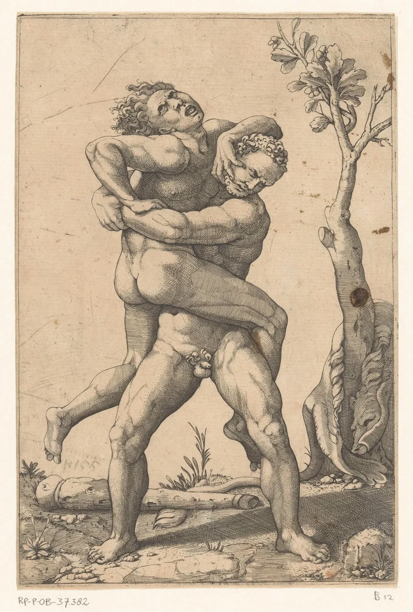 Hercules en Antaeus by Giovanni Battista Scultori, print, 1513-1575
