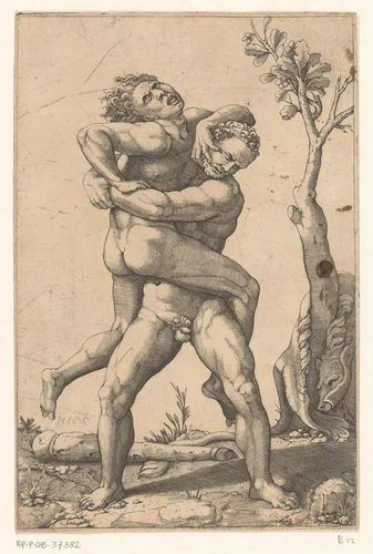 Hercules en Antaeus by Giovanni Battista Scultori, print, 1513-1575