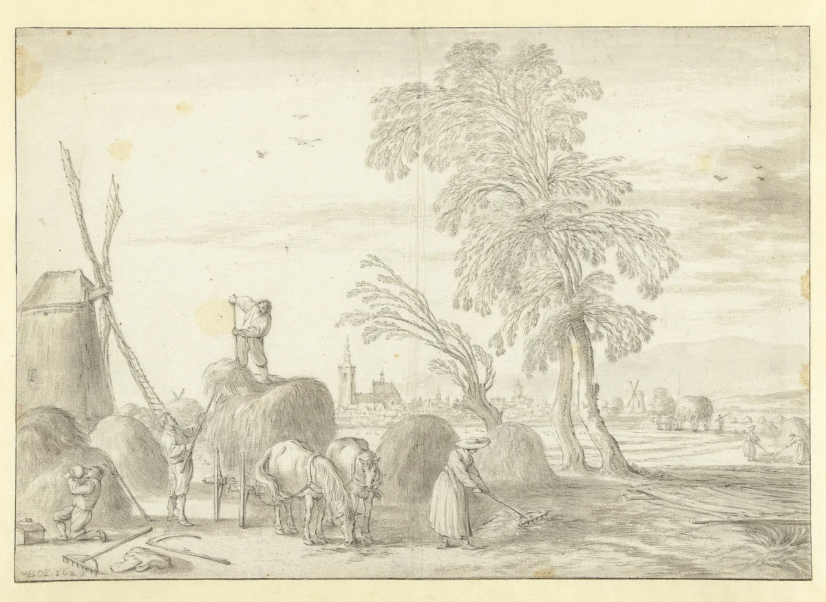 Hooiende boeren met in de verte 's-Gravenhage by Esaias van de Velde, drawing, 1629