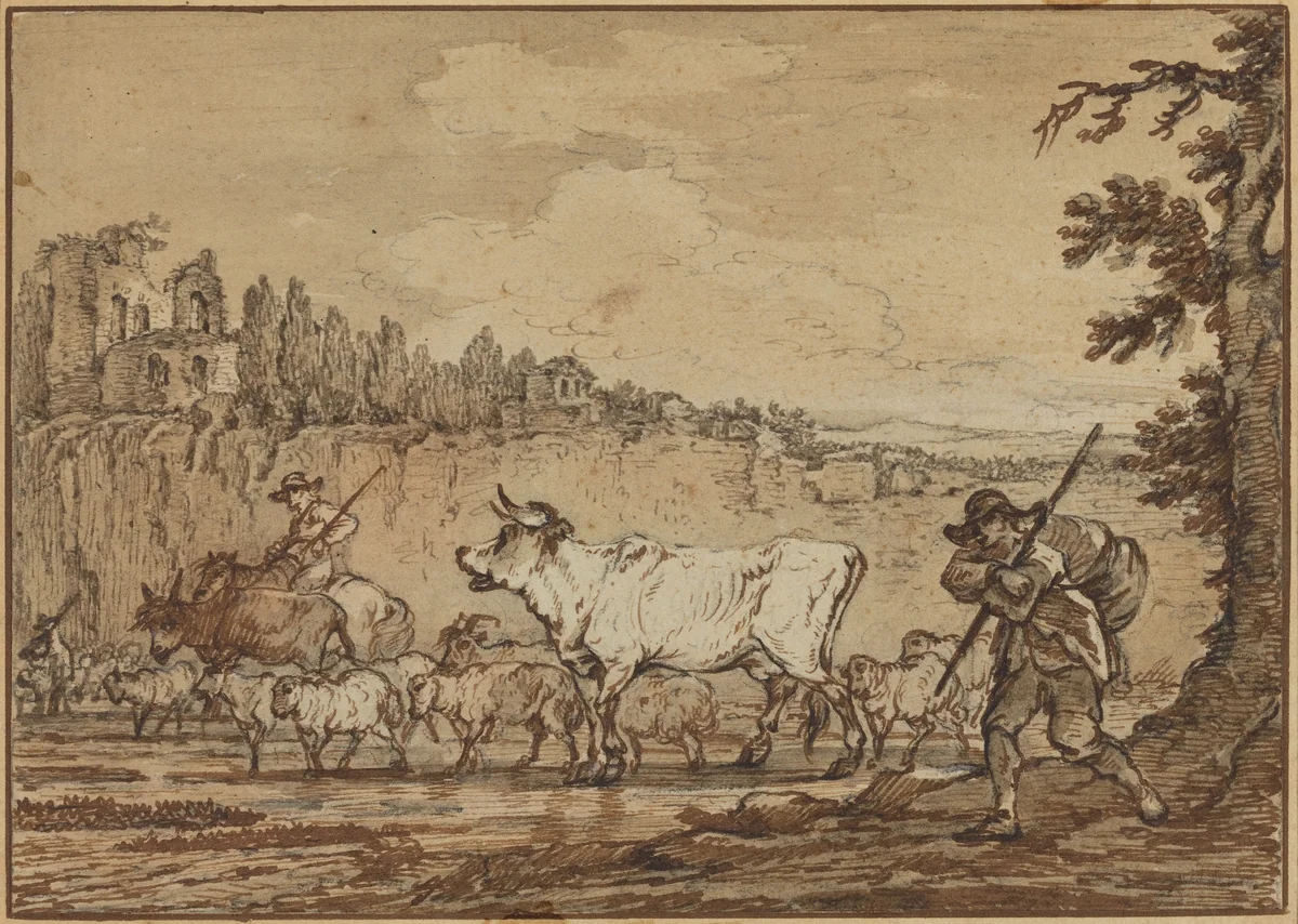 Herdsman Crossing a River by Francesco Casanova, drawing, 1732-1803