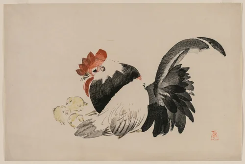 Rooster, Hen, and Chicks by Shibata Zeshin (柴田是真), print, 1880-1889