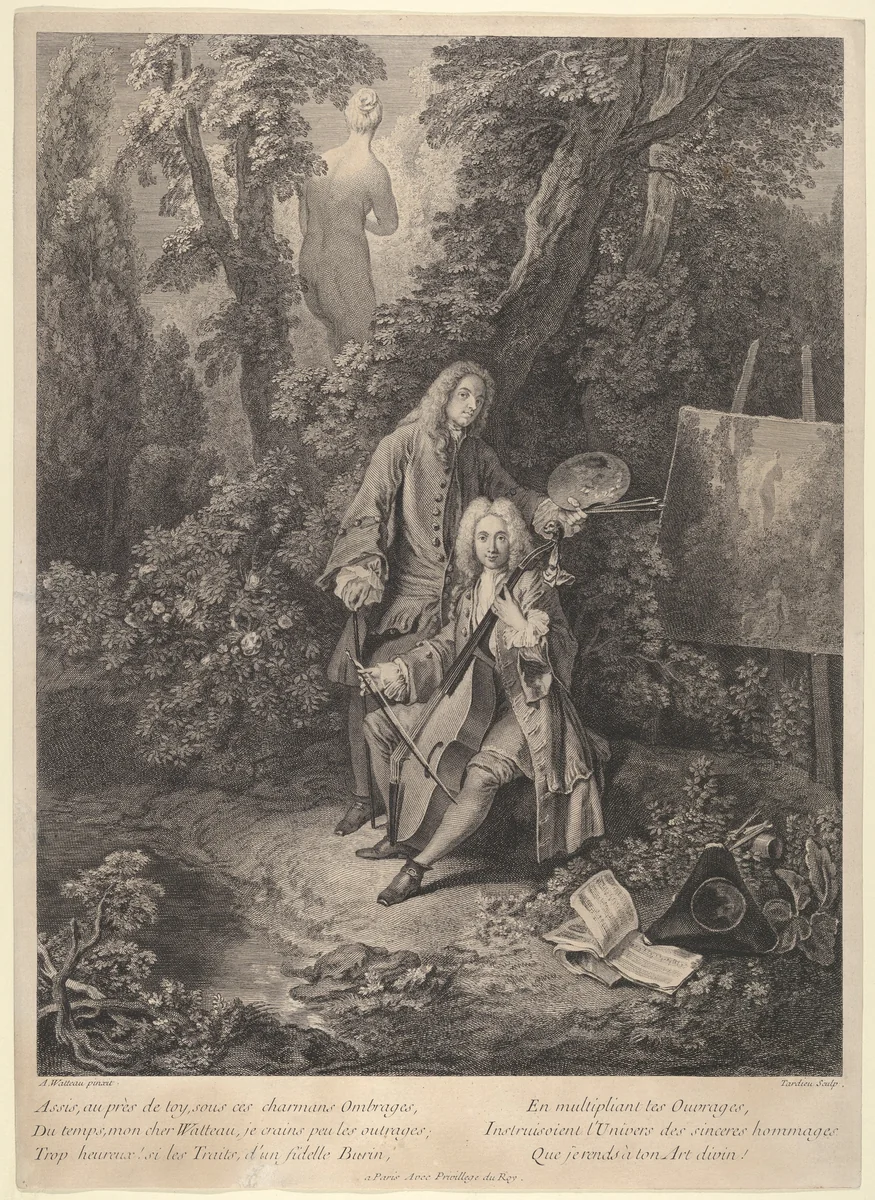 Portrait of Julienne and Watteau in Garden Playing Violincello by Nicolas Henry Tardieu, print, 1731