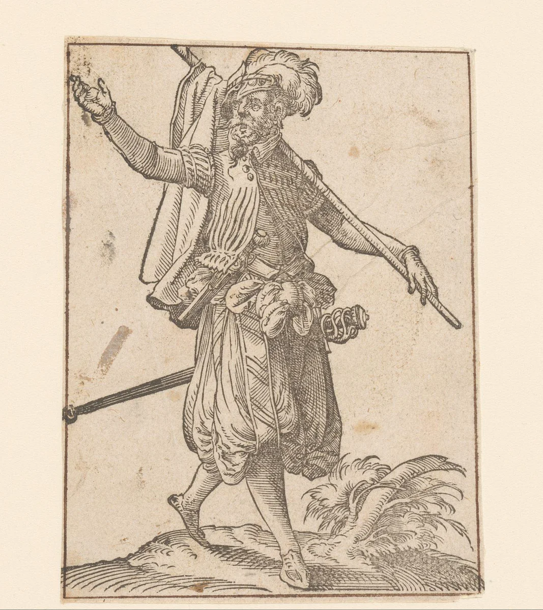 Landsknecht wandelend met zijn jas aan een stok in de hand by anonymous, print, 1580