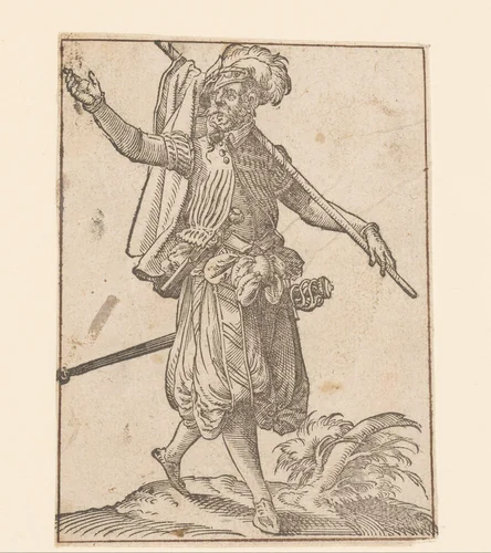Landsknecht wandelend met zijn jas aan een stok in de hand by anonymous, print, 1580