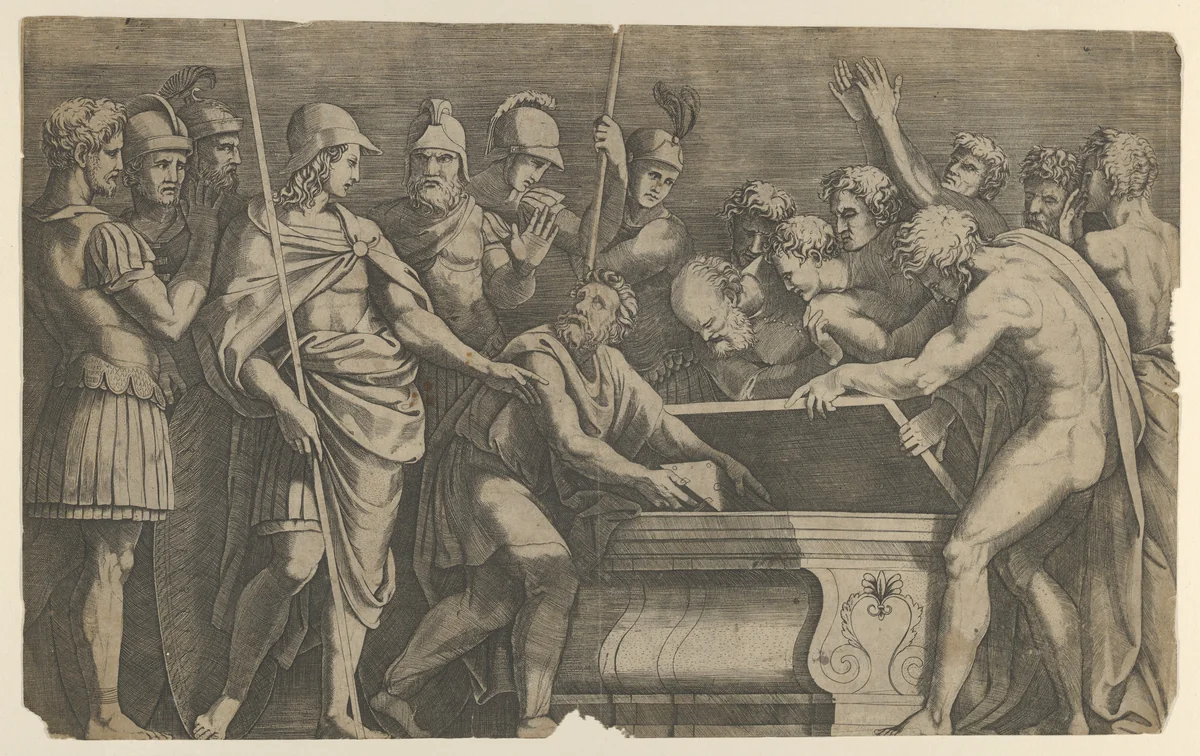 Alexander the Great commanding that the work of Homer be placed in the tomb of Achilles by anonymous, print, 1495-1505