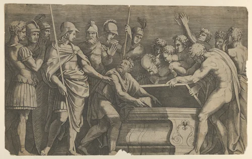 Alexander the Great commanding that the work of Homer be placed in the tomb of Achilles by anonymous, print, 1495-1505