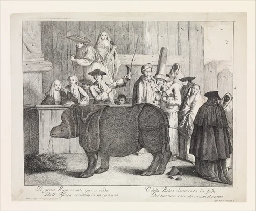 The Rhinoceros, Clara, in the foreground, her keeper holding her horn and a whip behind her at center with various other spectators in Carnival masks by Alessandro Longhi, print, 1746-1799