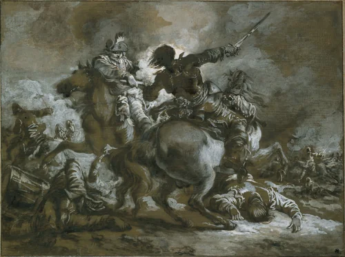 Cavalry Skirmish with a Fallen Drummer at Left by Francesco Casanova, drawing, 1763