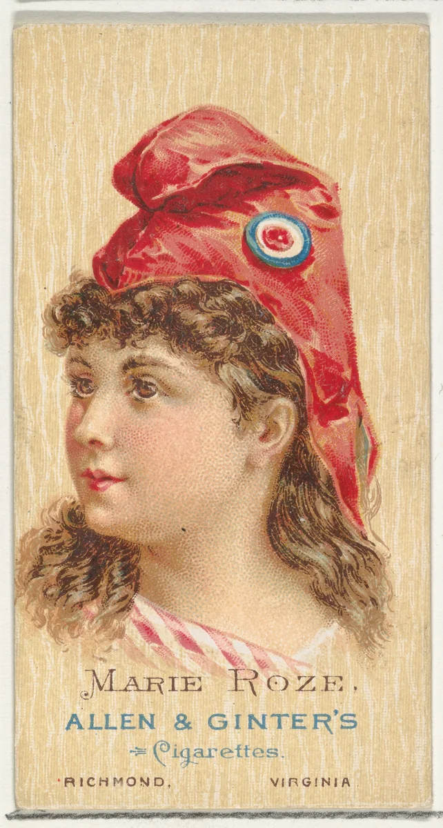 Marie Roze, from World's Beauties, Series 2 (N27) for Allen & Ginter Cigarettes by Allen & Ginter, print, 1888