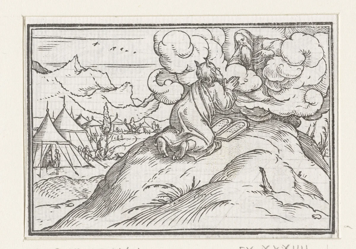 Mozes ontvangt tafelen der wet by Hans Holbein, print, 1538