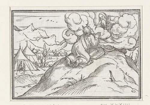 Mozes ontvangt tafelen der wet by Hans Holbein, print, 1538