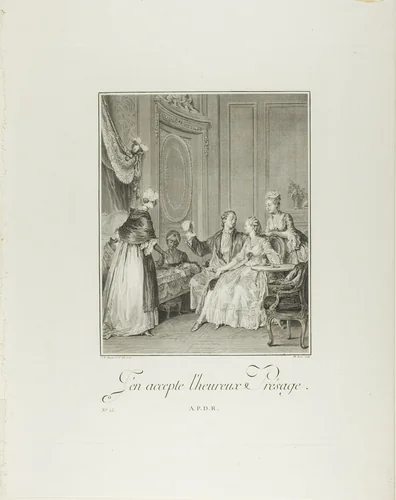 I Accept the Happy Omen, from Monument du Costume Physique et Moral de la fin du Dix-huitième siècle by Philippe Triere, print, 1776