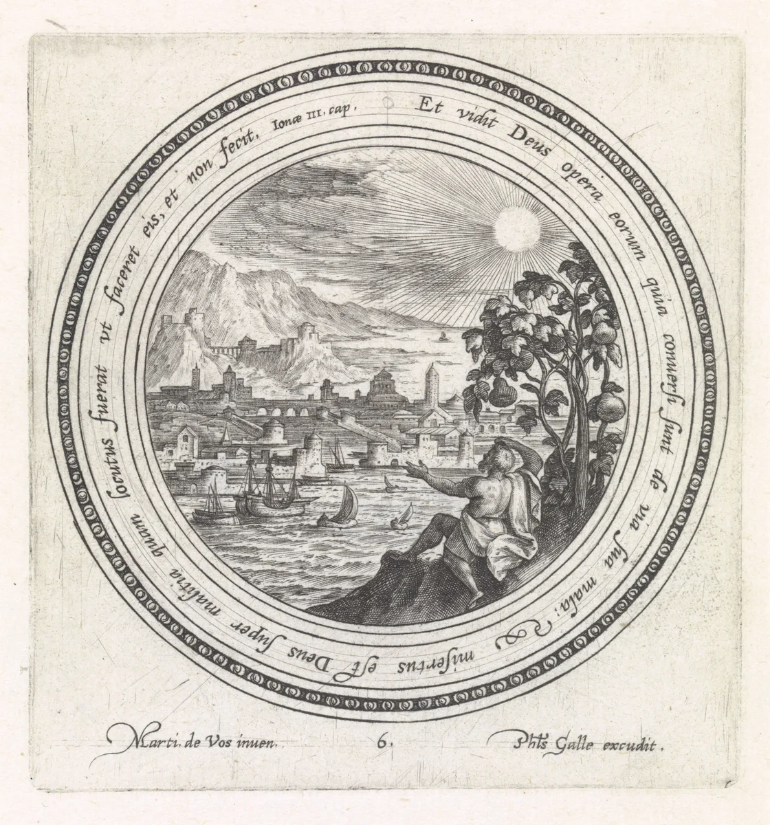 Jona zit onder de wonderboom by Crispijn van de Passe, print, 1580-1588