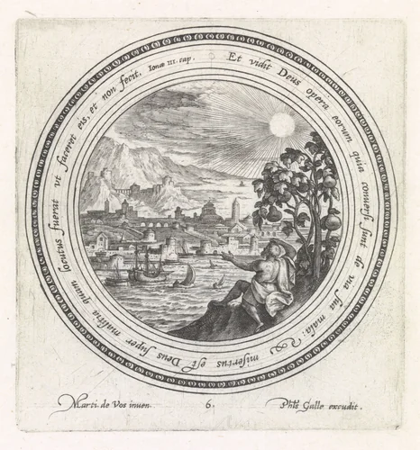 Jona zit onder de wonderboom by Crispijn van de Passe, print, 1580-1588