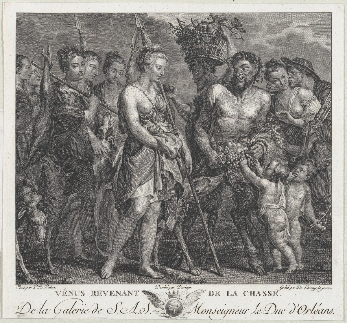 Diana returning from the chase, accompanied by dogs and her nymphs at left, two satyrs at right by Robert de Launay, print, 1803-1813