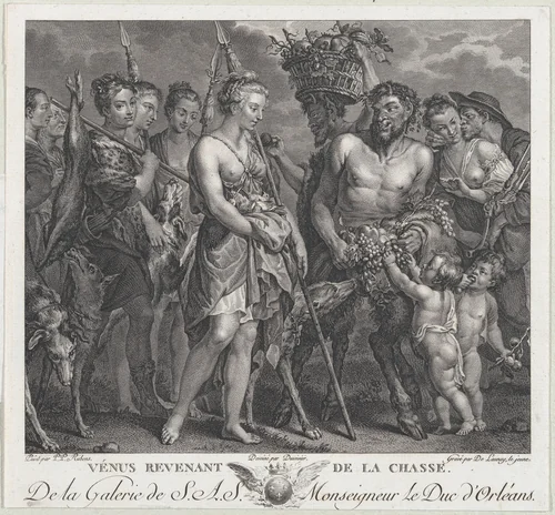 Diana returning from the chase, accompanied by dogs and her nymphs at left, two satyrs at right by Robert de Launay, print, 1803-1813