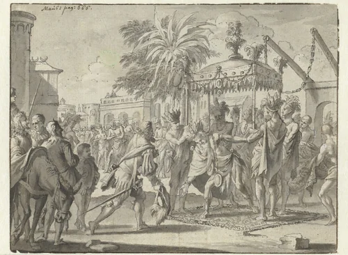 Hernán Cortés wordt door Montezuma ontvangen by Jan Goeree, drawing, 1704-1727