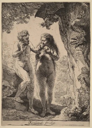 Adam and Eve by Rembrandt van Rijn, print, 1638
