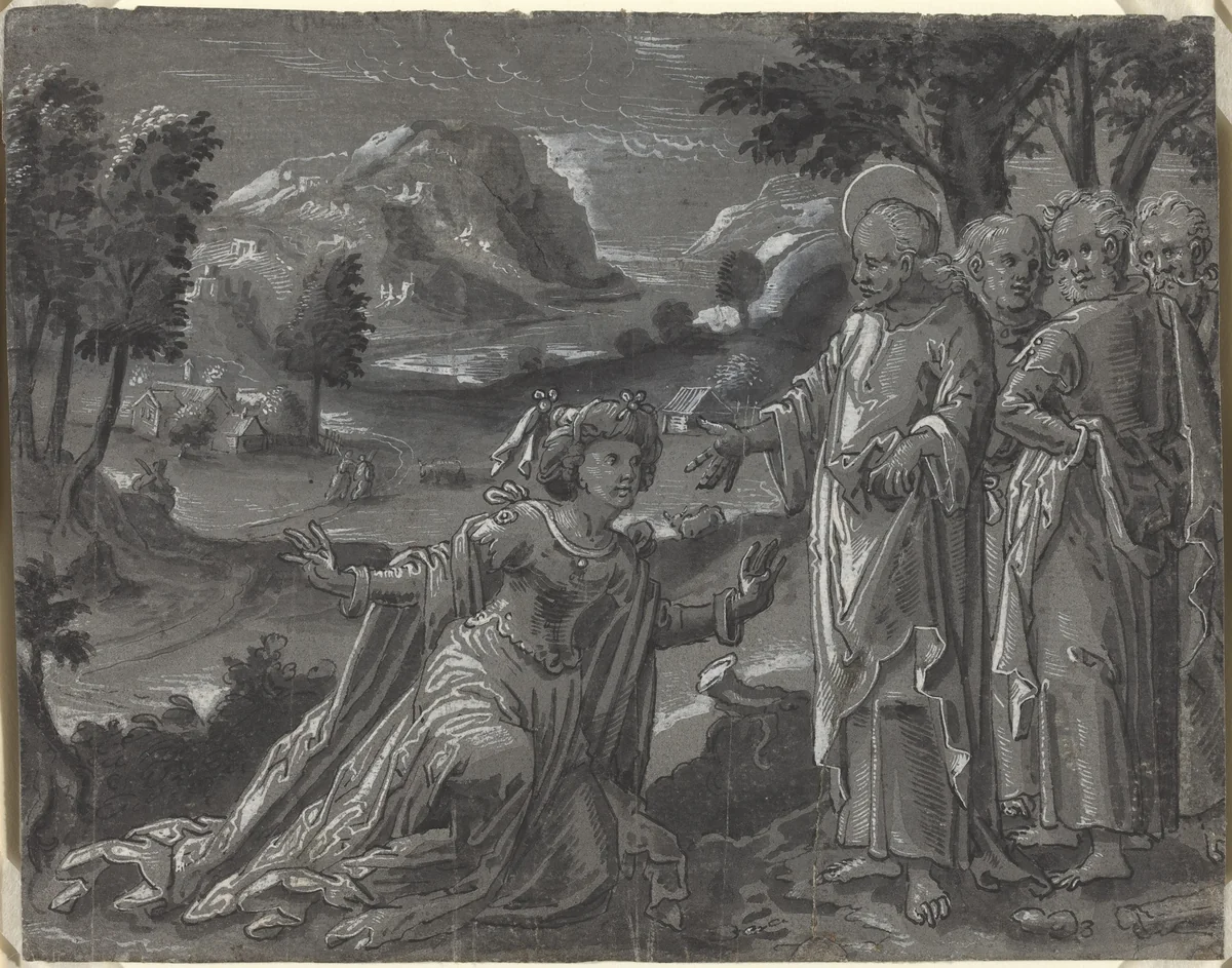 Christ and the Adulteress [recto] by German 16th Century, drawing, 1600