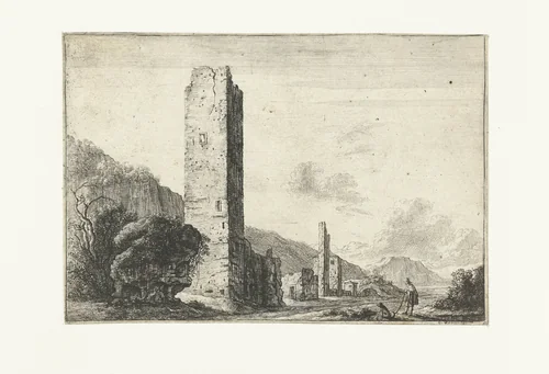 Landschap met vierkante toren by anonymous, print, 1643-1681