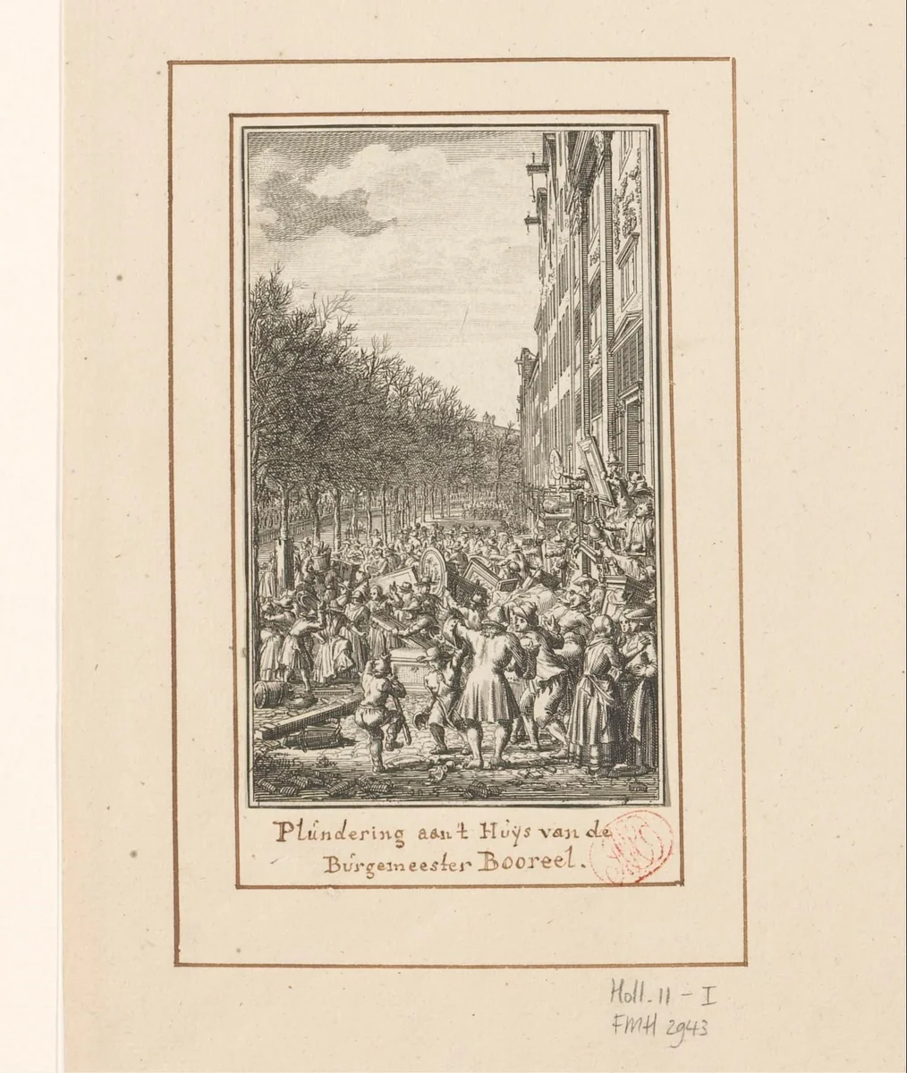 Plundering van het huis van burgemeester Boreel tijdens het Aansprekersoproer, 1696 by Laurens Scherm, print, 1702