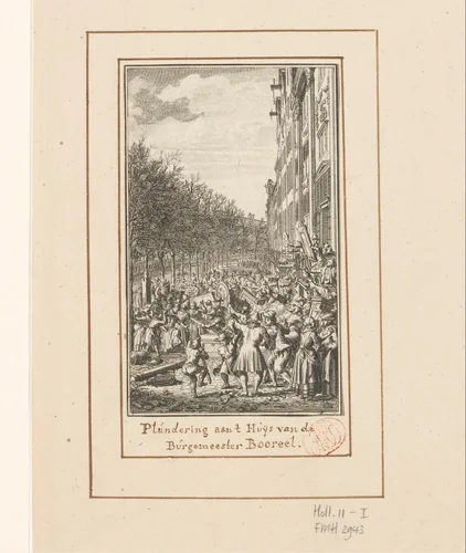 Plundering van het huis van burgemeester Boreel tijdens het Aansprekersoproer, 1696 by Laurens Scherm, print, 1702