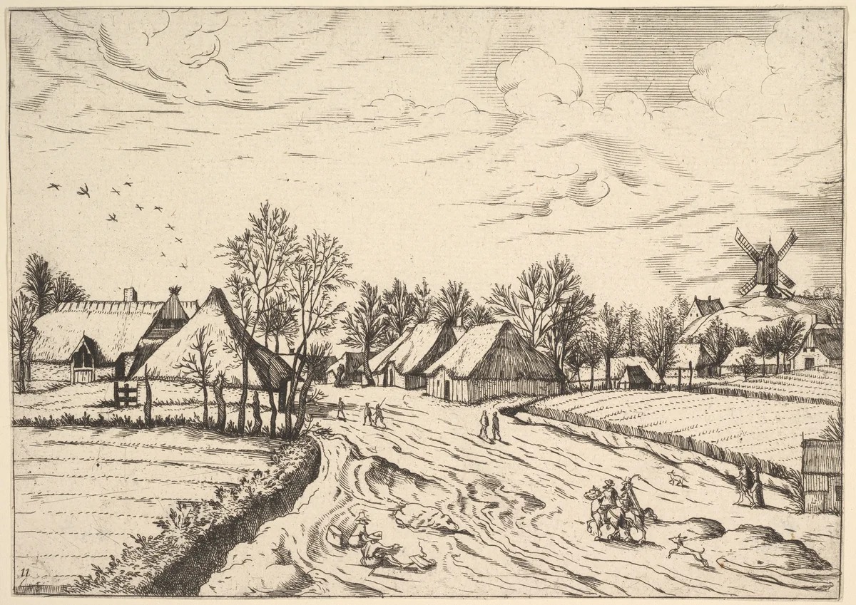 Country Village with Post Mill from Multifariarum casularum ruriumque lineamenta curiose ad vivum expressa by Johannes van Doetecum, print, 1559-1561