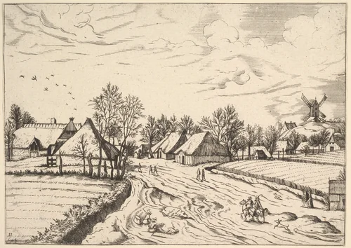 Country Village with Post Mill from Multifariarum casularum ruriumque lineamenta curiose ad vivum expressa by Johannes van Doetecum, print, 1559-1561
