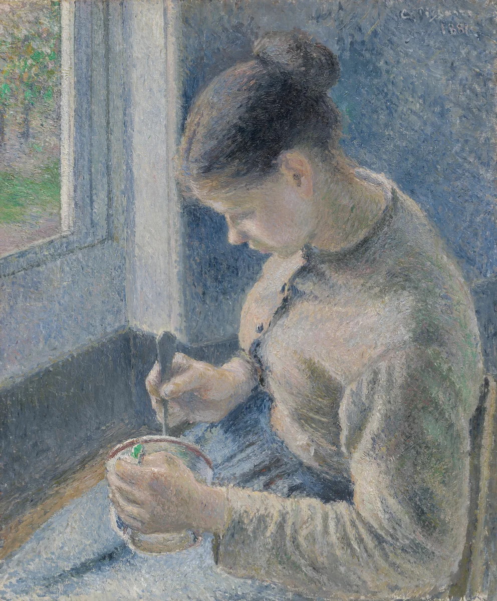 Young Peasant Having Her Coffee by Camille Pissarro, painting, 1881
