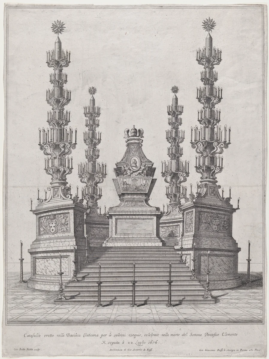 Catafalque for Pope Clement X; central structure at the top of a fifteen step platform, with columns surmounted by candelabra at each of the four corners by Giovanni Battista Falda, print, 1676
