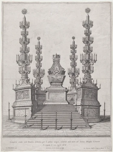 Catafalque for Pope Clement X; central structure at the top of a fifteen step platform, with columns surmounted by candelabra at each of the four corners by Giovanni Battista Falda, print, 1676
