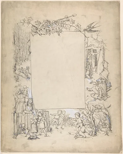 Cartouche framed with scenes of Christ leaving tomb and Easter Bunny by anonymous, drawing, 1800-1900