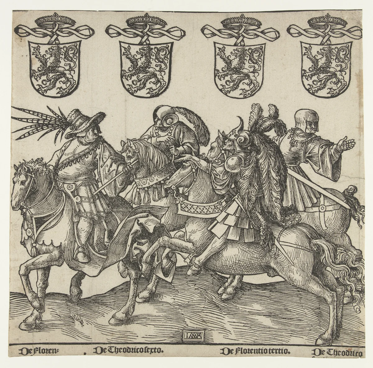 Floris II, Dirk VI, Floris III en Dirk VII by Unknown, print, 1518