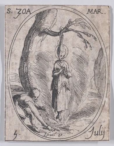 Ste. Zoé, martyre (St. Zoe, Martyr), July 5th, from "Les Images De Tous Les Saincts et Saintes de L'Année" (Images of All of the Saints and Religious Events of the Year) by Jacques Callot, print, 1636