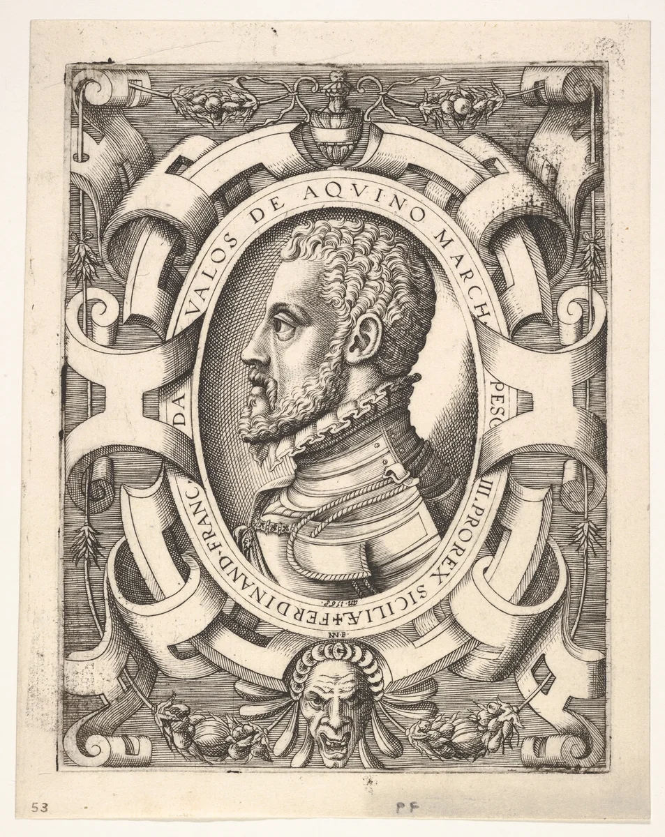 Bust portrait of Ferdinando Francesco de Avalos, marquis of Pescara, in an oval ornamented frame by Nicolò Nelli, print, 1568