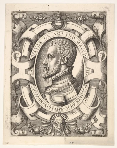 Bust portrait of Ferdinando Francesco de Avalos, marquis of Pescara, in an oval ornamented frame by Nicolò Nelli, print, 1568
