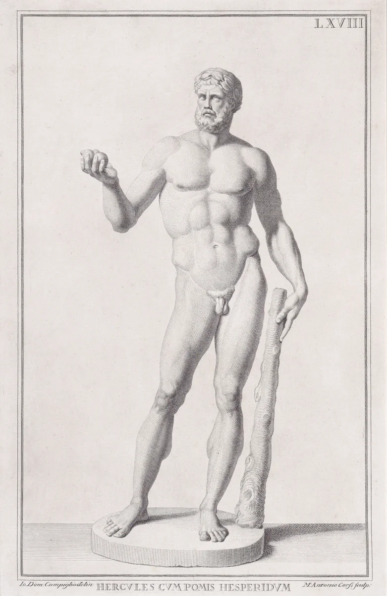 Plate LXVIII (68): Hercules, from "Museum Florentinum" (Statuae antiquae dorum et virorum illustrium) by Marc'Antonio Corsi, print, 1734