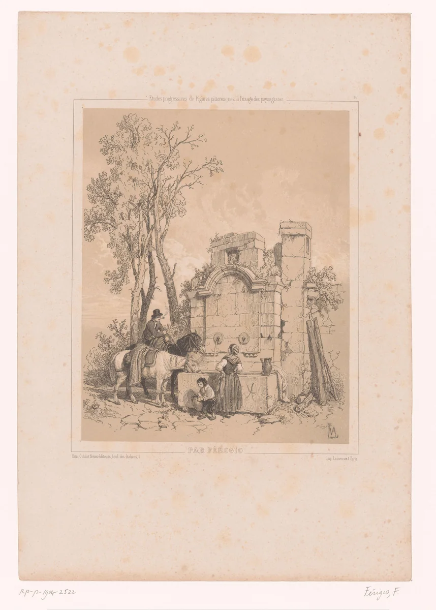 Ruiter met paarden en vrouw met kind bij een fontein by Fortuné Férogio, print, 1845-1846
