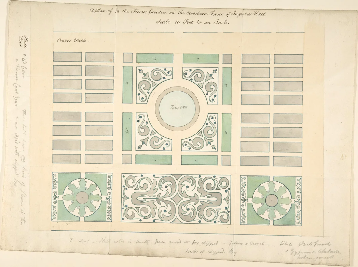 Plan of the Flower Garden on the Northern Front, Ingestre Hall, Staffordshire by Sir Charles Chetwynd, drawing, 1836