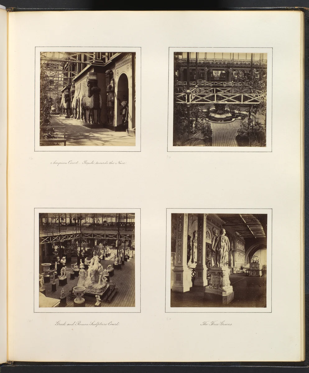[Assyrian Court, Facade Towards the Nave; Elevated View of Assyrian Court; Greek and Roman Sculpture Court; The Three Graces] by Philip Henry Delamotte, photograph, 1857-1861