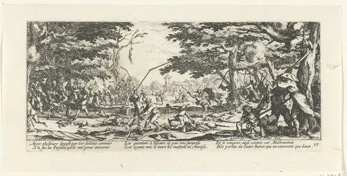 Boeren nemen wraak op soldaten by Jacques Callot, print, 1633