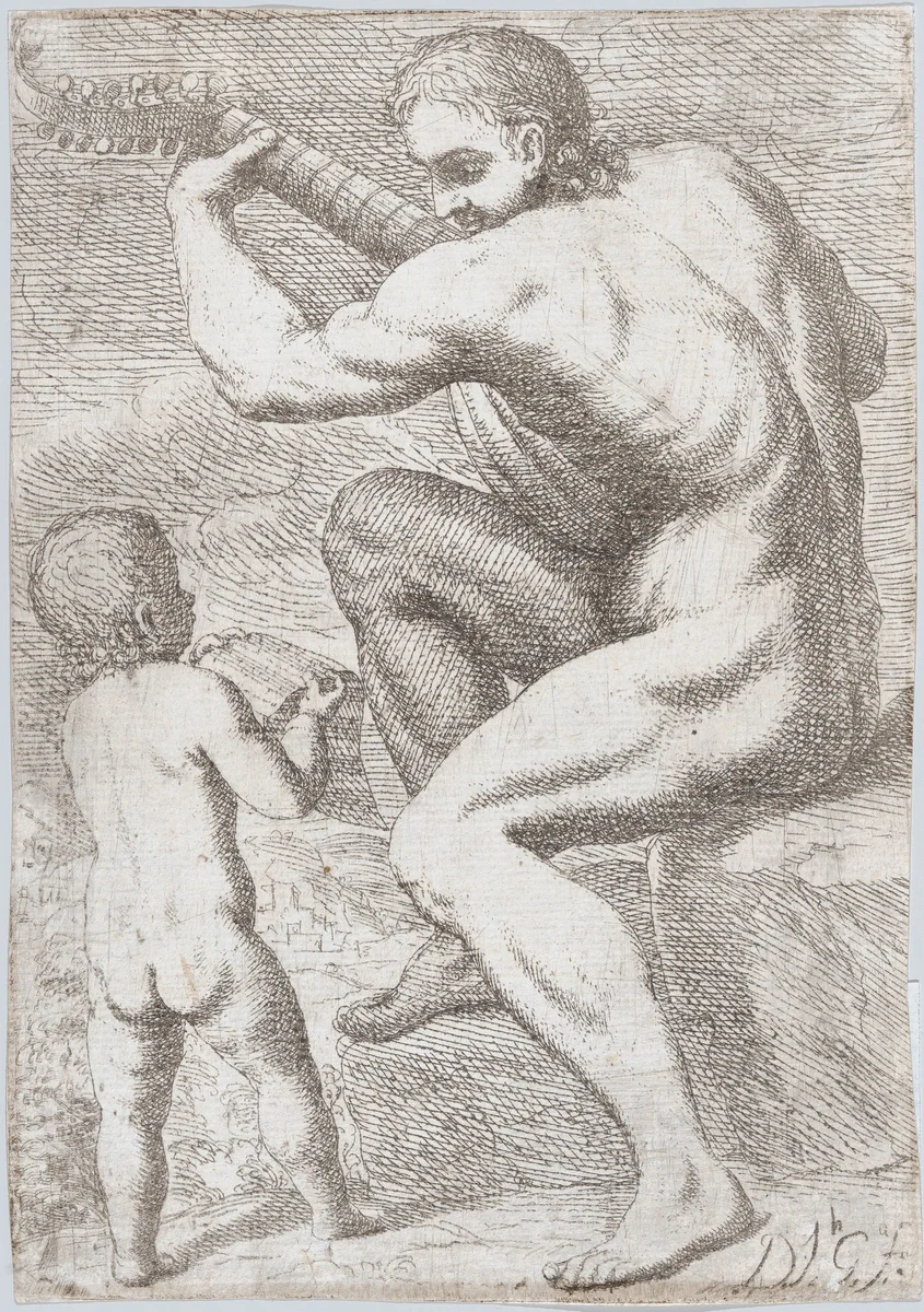 Study of a naked man playing a vihuela, a child holding a sheet of music at the left, from "Principios para estudiar el Nobilísimo y Real arte de la Pintura" by José García Hidalgo, print, 1688-1698