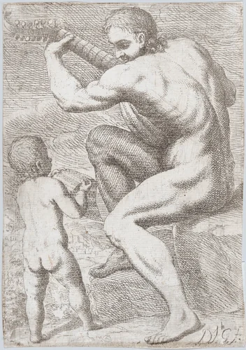 Study of a naked man playing a vihuela, a child holding a sheet of music at the left, from "Principios para estudiar el Nobilísimo y Real arte de la Pintura" by José García Hidalgo, print, 1688-1698