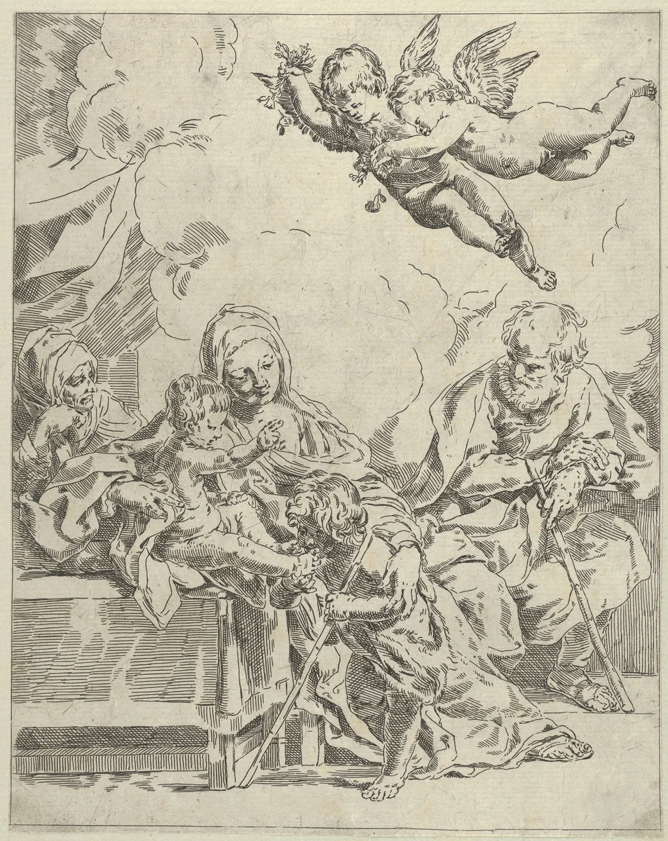 The Holy Family with young John the Baptist and Saint Elizabeth, two angels above, after Reni by Flaminio Torre, print, 1615-1661