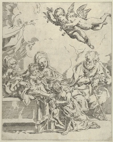 The Holy Family with young John the Baptist and Saint Elizabeth, two angels above, after Reni by Flaminio Torre, print, 1615-1661