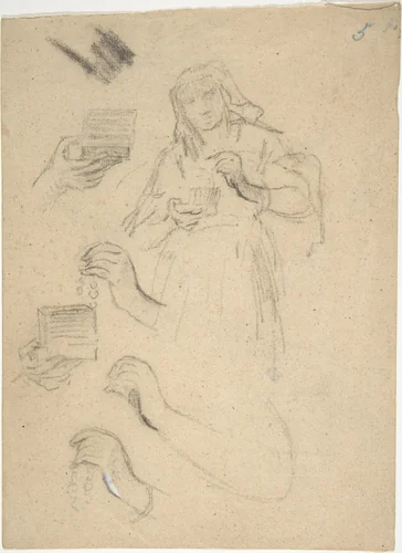 Woman holding an open jewelry box (recto); Studies for a figure composition and a leaded window (verso) by Narcisse Virgile Diaz de la Peña, drawing, 1820-1876