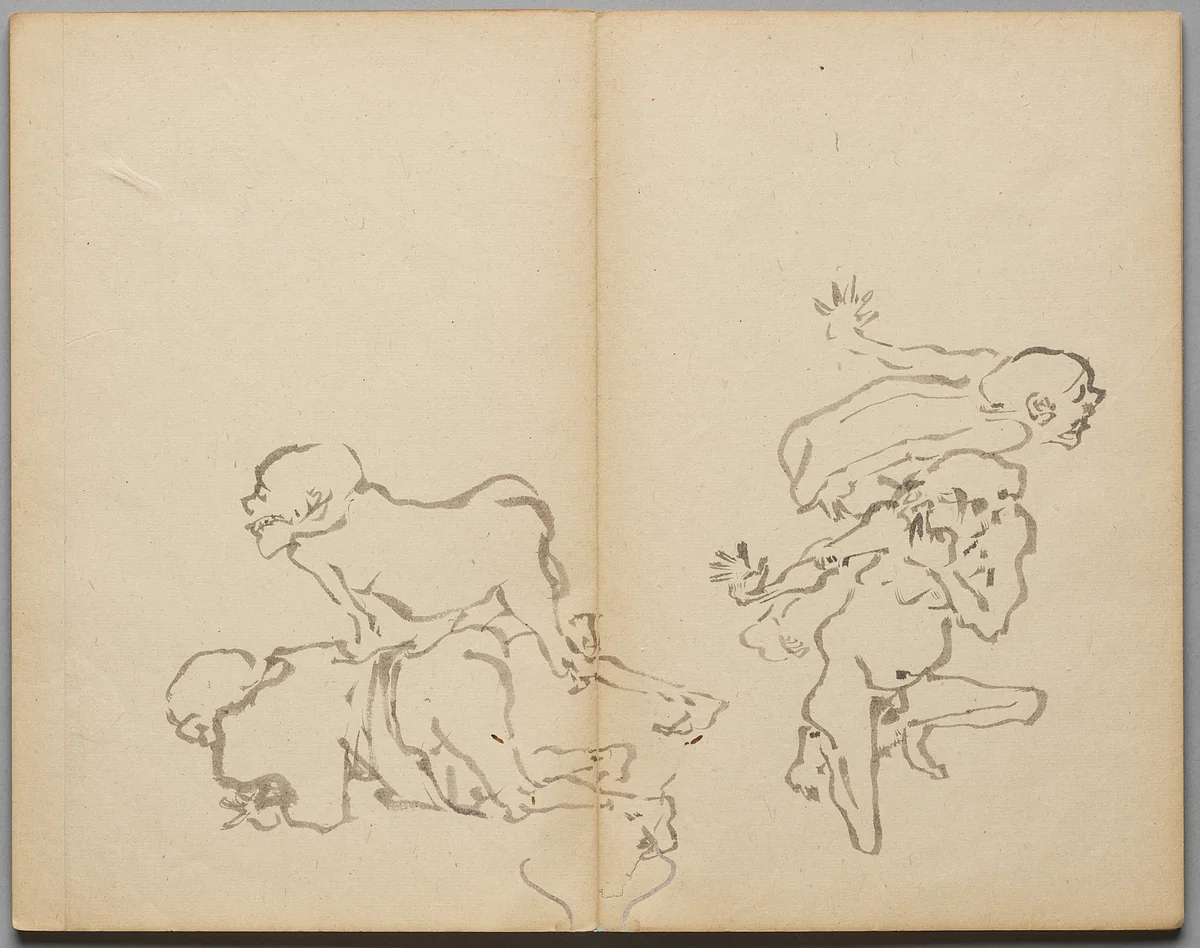 Seniors' Farting Contest from Sketch Album by Kawanabe Kyōsai (河鍋暁斎), book, 1855-1889