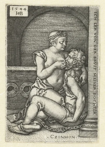 Pero zoogt geketende Cimon in gevangenis by Unknown, print, 1544