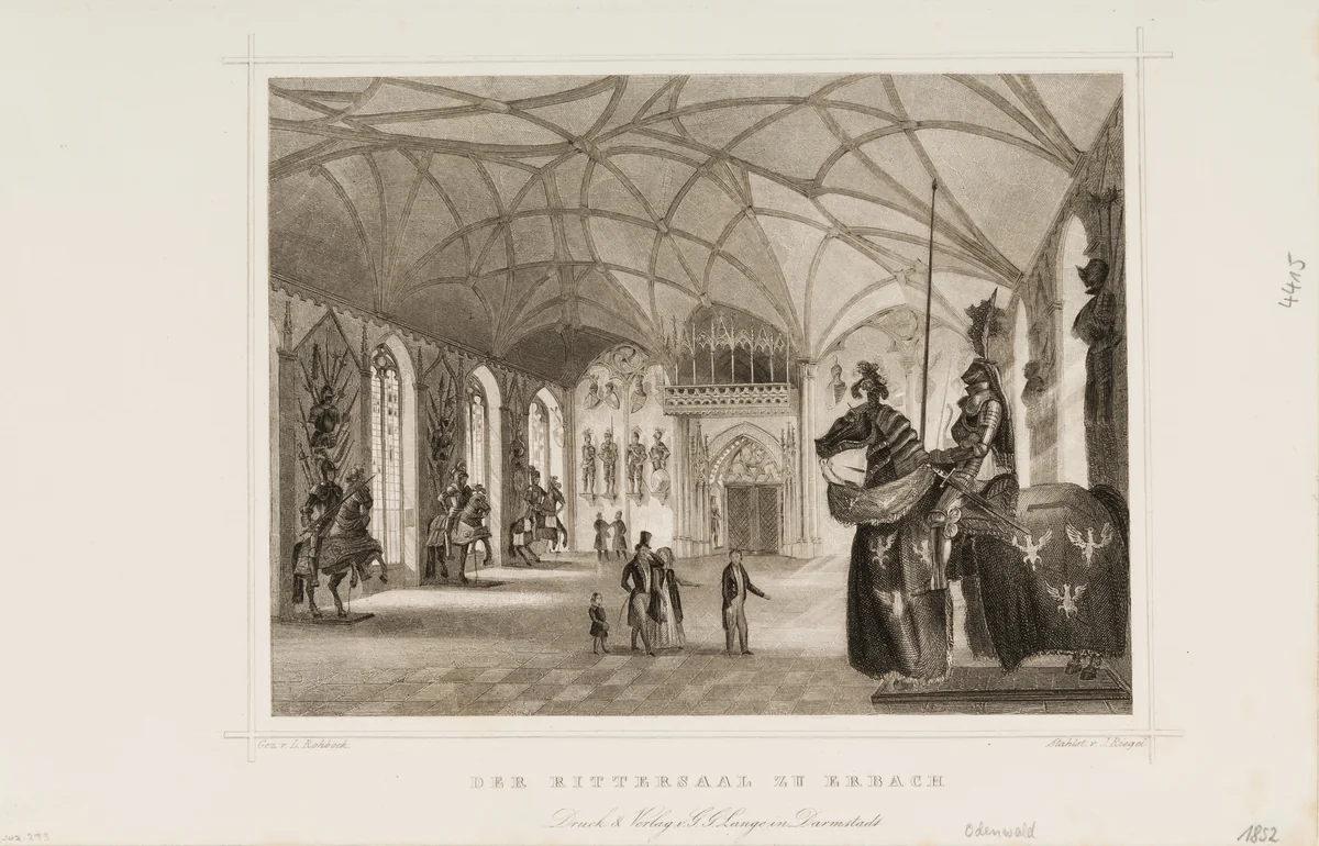 Print of Der Rittersaal zu Erbach (Interior of Gothic Revival armory of Erbach Castle) by Ludwig Rohbock, print, 1850