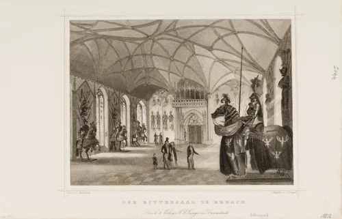 Print of Der Rittersaal zu Erbach (Interior of Gothic Revival armory of Erbach Castle) by Ludwig Rohbock, print, 1850